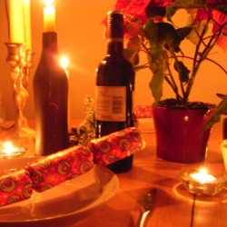The meal laid out on the table, plus some wine, of course.