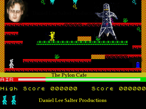 A Pylon Cafe title screen from later years, designed by Salter himself in the style of the opening level from Manic Miner. Note the TARDIS in the bottom right hand corner.