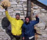 Molasses (yellow jacket)and Fashionplate Dan (blue jacket) by Smithsonian Cabin atop Mount Whitney.