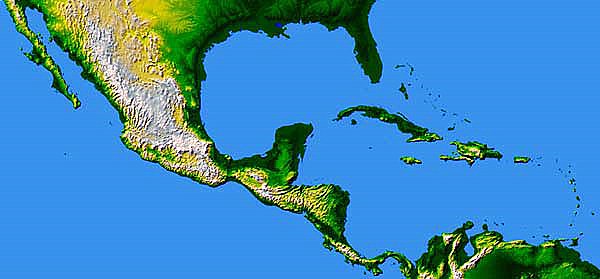 Full color elevation map of Central America.