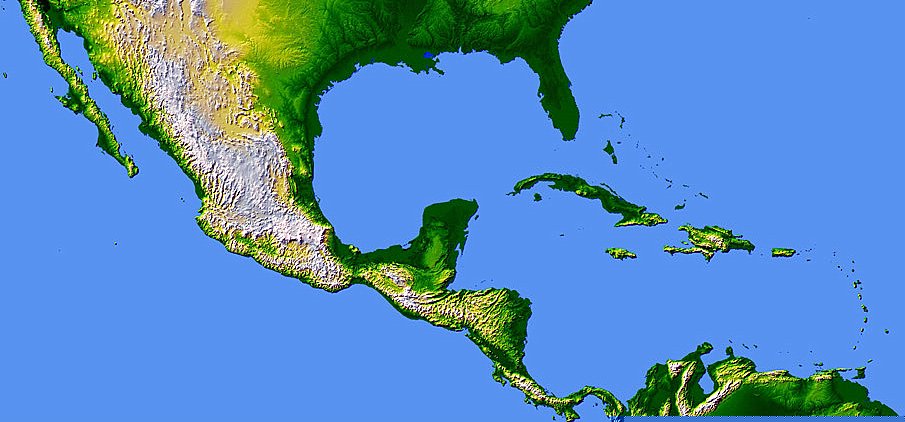 Full color elevation map of Central America.