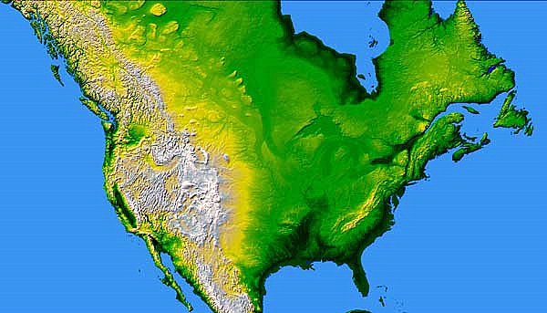 Full color elevation map of North America.