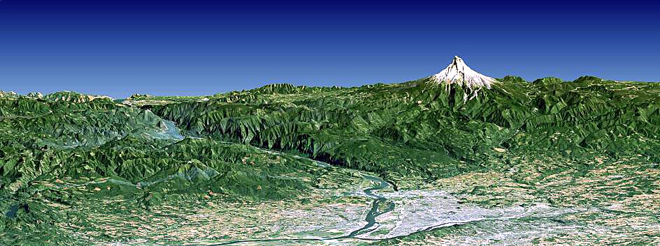 Full color perspective view of the city of Portland and Mt. Hood.