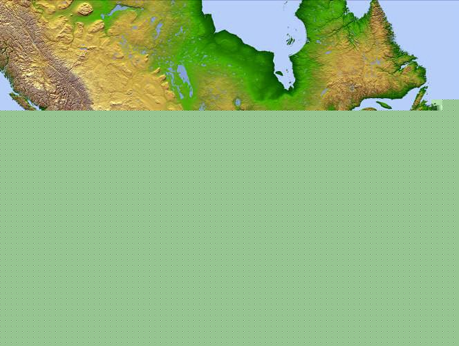 Full color elevation map of North America with rivers and lakes.