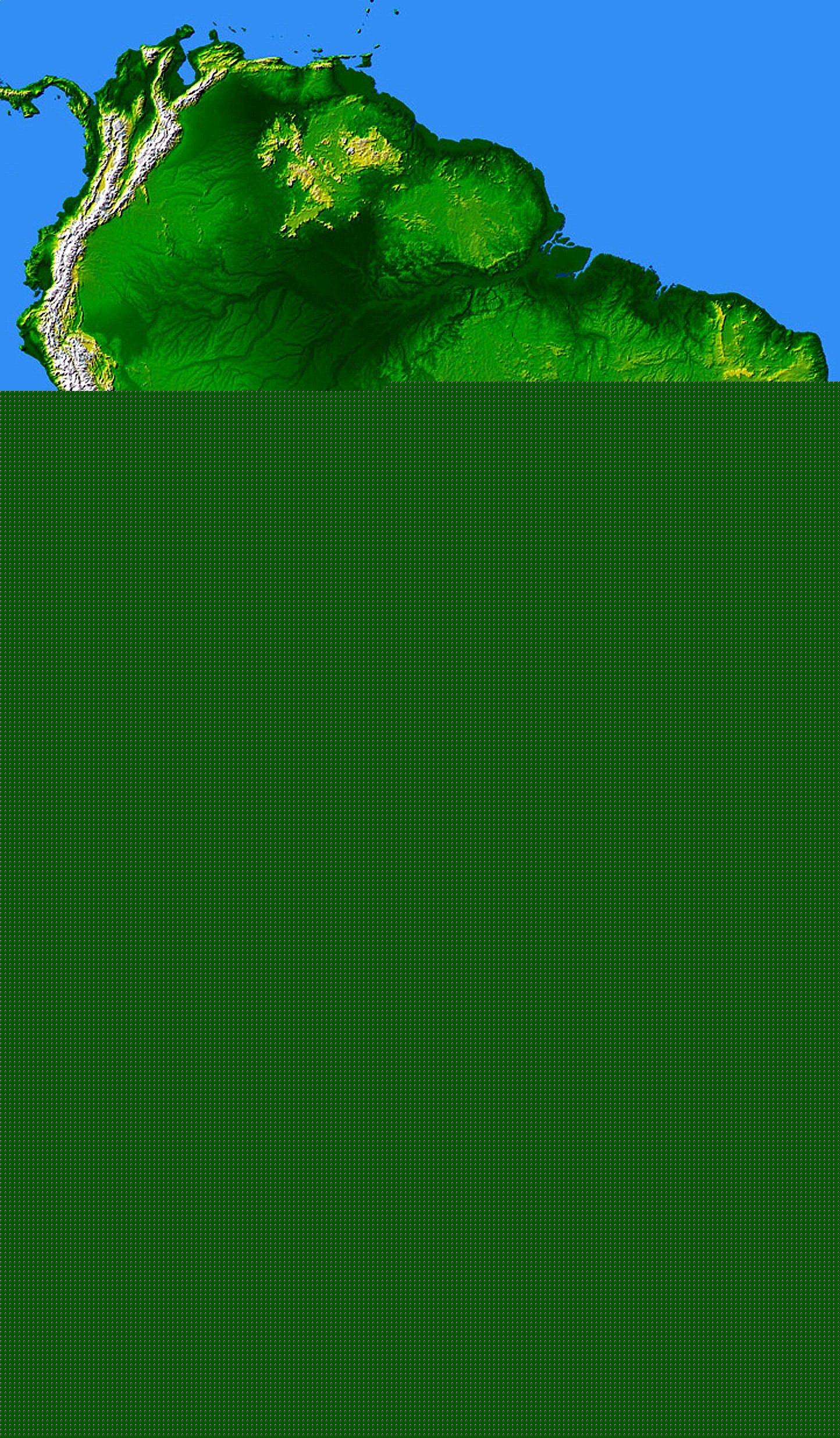 Full color elevation map of South America.