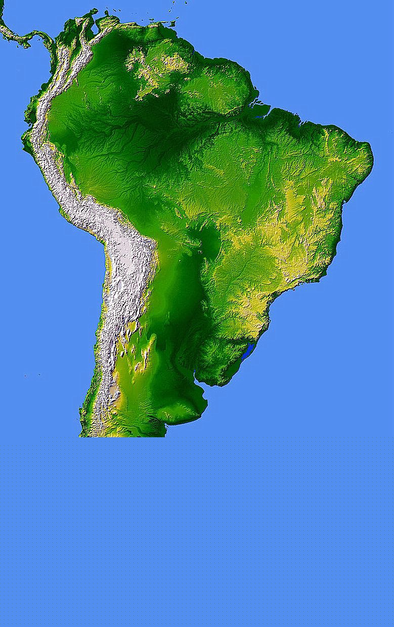 Full color elevation map of South America.