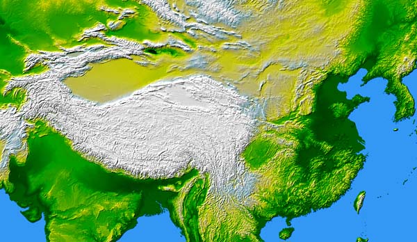 Full color elevation map of China.