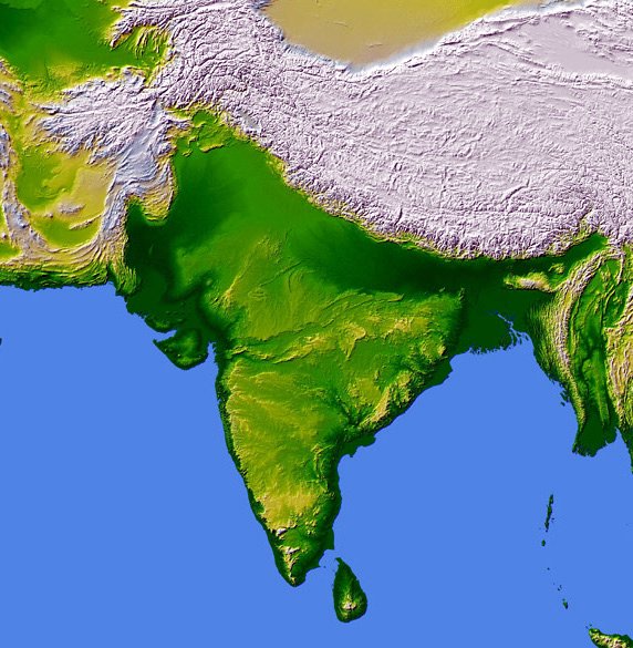 Full color elevation map of India.