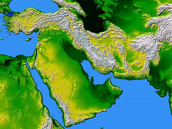 Full color elevation map of the Middle East.