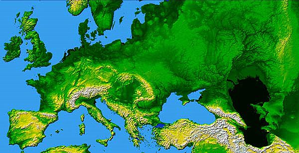 Full color elevation map of Europe.
