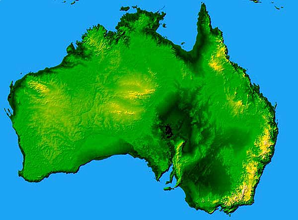 Full color elevation map of Australia.