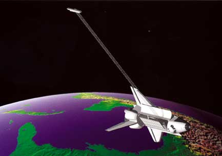 Simple computer generated image of the Space Shuttle Endeavour with the 60m long SRTM antenna deployed.