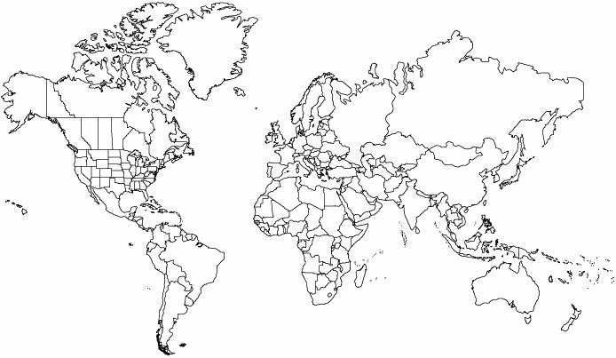Simple black outlines of continents and nations of the world.