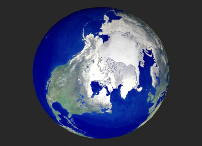Full color elevation map of a globe showing the North Pole and the Arctic.