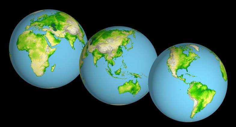 Full color elevation maps of views of the globe. Two views of the Eastern hemisphere and a third of the Western hemisphere.