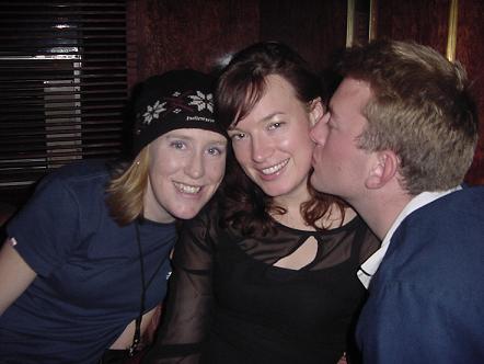 em & amy relaxing after a hard days skiing at Happo-one, Hakuba, Nagano! Feb 2003, with special attention from Ed!