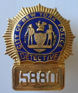 Issued NYPD Detective gold shield, hallmarked "Marwyn Co NYC Centre Mkt Pl"