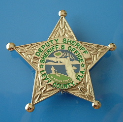 Levy County Florida Deputy star, unusual use of green enamel lettering