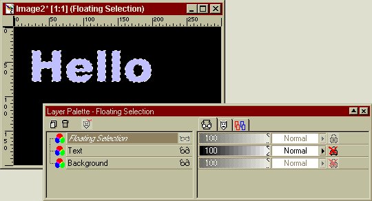 Floating text and layer palette