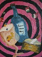 This painting was signed Carol Strother and dated 1966, which places its ultra-psychedelic imagery just ahead of its time. The paint is slathered on in a thick impasto that would have made Van Gogh proud. The severed bloodshot eyes, the 'drinking like a fish' metaphor, the cigarette in the ashtray (which everyone mistakes for a hunk of cheese)... it all adds up to a very strong warning against the evils of substance abuse, One can only imagine what Carol thought of the LSD craze that swept the nation the following summer.