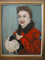 I originally assumed this woman to be a pilot. But after the painting appeared in the Courier-Journal article about this show, we received a phone call from a lady who recognized her as a well-known biker who lived in the Portland area of Louisville in the 1940s. The helmet, it turns out, is a motorcycle helmet, and the Godman AFB bomber jacket is worn simply out of biker fashion. Her name was 'Jacqueline' pronounced with a French lilt, and if anyone else knows anything more about her, we'd love to know.