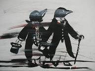 Two penguins dressed in tuxedos, facing what seems to be an extremely strong wind in a snowstorm. But why do penguins need tuxedos when they're born wearing natural ones? And does the transparency of their feet through the line indicating ground mean they're ghosts? And while using red nail polish for their boutonnieres was rather inspired, why was it also used to color the wind? Could it be that the red denotes not flowers, but blood?