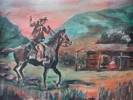 Done by one Phyllis Beck in 1965, this is a nice sketchy homage to the 'Western Art' scene, done with more concern with color than likeness or detail. It certainly beats some old western paperback covers I've seen.