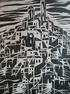 This intriguing signed and numbered woodcut print, dated 1966, surely deserves a better fate than to languish at a Goodwill store. This one is 174/250 and has an illegible signature (Mel somebody). I wonder how many of the other 249 copies survive today?