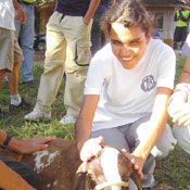 <<<Foto de uma crian�a deficiente visual, reconhecendo um animal>>>