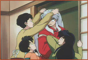 Kagome's mom: *tug tug* Inuyasha: "HEY THOSE ARE ATTACHED YOU KNOW!!!!"