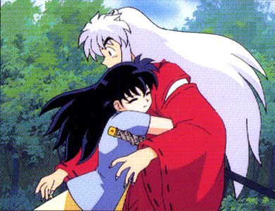 Ooc: I know what this looks like! Kagome isn't trying to hug Inuyasha, she's crushing him because he pushed her down the well! See his shocked look?!