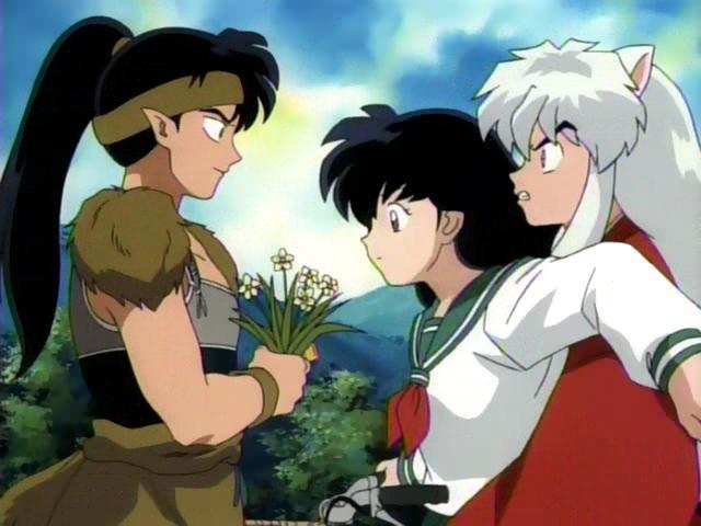 Inuyasha: *bats eyes* "Aww! Flowers for me, Kouga? I didn't know you cared!" Kouga: *sweatdrops* "Er...no, they're for Kagome...." Inuyasha: *pouts* "Okay, in that case, I'm going to kill you, you wimpy wolf!"