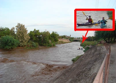 Photo credit: Angela Paige Putman. Kayakers on the Santa Cruz, near the St. Mary's bridge