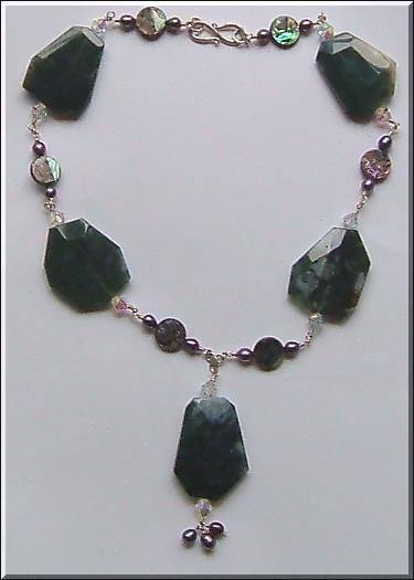 Moss green agate pearl and silver necklace # N01
