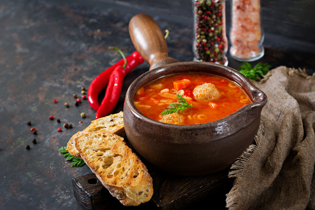 Spicy Tomato Soup with Meatbals, Pasta, and Vegetables