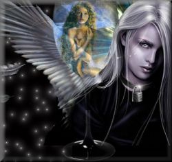 wineglass used as a mask over 2 graphics, the dark angel and the mermaid with the baby.