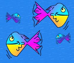 one fish was drawn using vector tools and then copied, resized and colored to make this graphic.