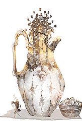 urn used as a mask over lady in the forest graphic.