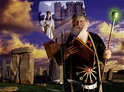 wineglass used as a mask over 2 graphics, the wizard and the maiden.