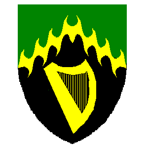 Per chevron throughout vert and
     sable, a chevron rayonny throughout and a harp Or.