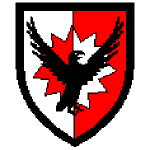 Blazon: Per pale argent and gules, on a sun counterchanged
 a raven displayed and facing sinister, a bordure sable