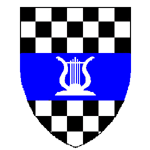 Blazon: Checky sable and argent, 
on a fess azure a lyre argent.
