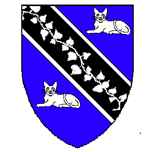 Blazon: Azure, on a bend sable fimbriated
 between two cats couchant, a branch of ivy argent