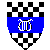 Checky sable and argent, on a fess azure a lyre argent.