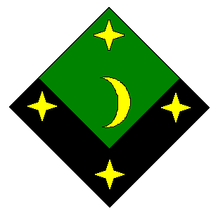 Blazon: Per chevron inverted vert and sable, 
an increscent between four mullets of four in cross Or.

