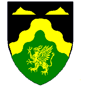 Blazon: Per chevron sable and vert a chevron wavy
 between two mountains couped and a griffin segreant or