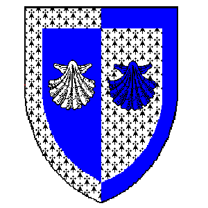 Blazon: Per pale Azure and Ermine, two escallops 
 counter-changed, within a bordure counterchanged