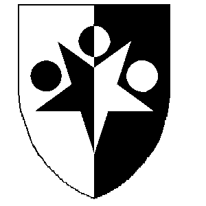 Blazon: Per pale argent and sable, a mullet inverted
 between in chief three roundels, one and two, all counterchanged