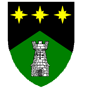  Blazon: Per Chevron Vert and Sable, a Tower Argent 
 and in chief three mullets of eight points or 