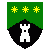 Per Chevron Vert and Sable, a Tower Argent, and in chief three mullets of eight points or